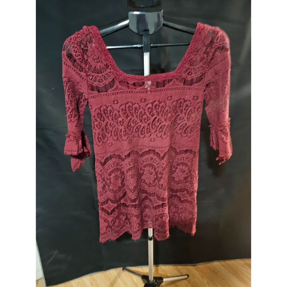 Free People Intimately Burgundy Floral Lace Bell Sleeve Tunic Top / Dress (Size